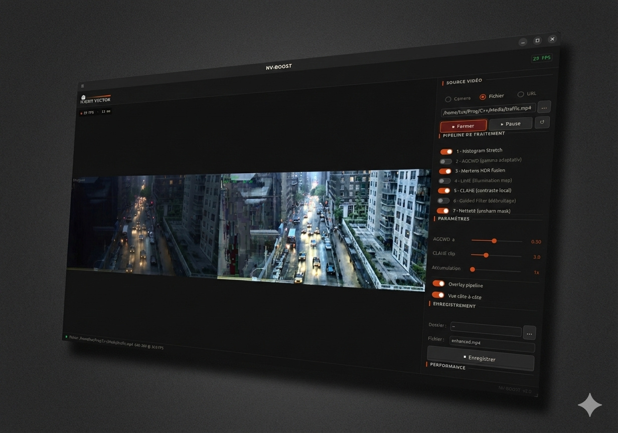 Flux vidéo nocturne analysé par le logiciel Shadow Breaker Vision